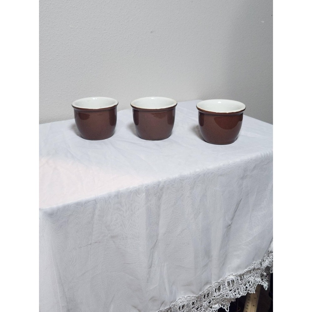Vintage Hall China Brown White Custard Cups Ramekins Set of 3 Stoneware Bakeware